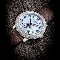PATEK PHILIPPE. A LADY’S ELEGANT 18K WHITE GOLD AND DIAMOND-SET WRISTWATCH WITH MOON PHASES AND MOTHER-OF-PEARL DIAL