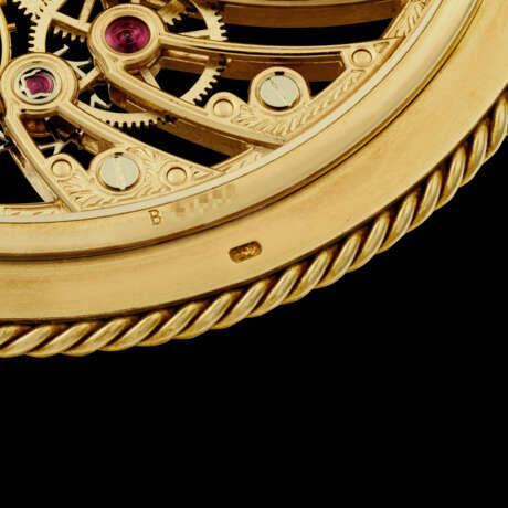 AUDEMARS PIGUET. AN ATTRACTIVE AND RARE 18K GOLD SKELETONISED POCKET WATCH - Foto 3