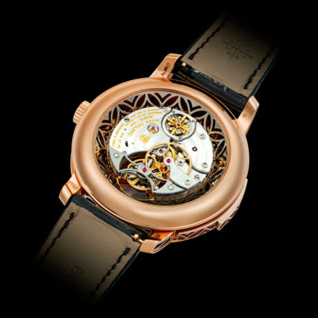 PATEK PHILIPPE. AN EXECEPTIONALLY RARE 18K PINK GOLD SEMI-SKELETONISED MINUTE REPEATING TOURBILLON WRISTWATCH - фото 2