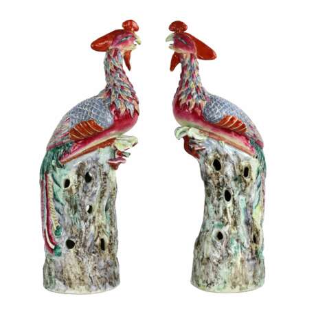 Grande paire d&amp;39oiseaux phenix en porcelaine de Chine de la fin de la periode Qing (1644-1912). Porcelain Hand Painted Oriental Art 48 - Foto 1