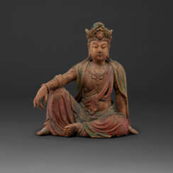 A LARGE POLYCHROME WOOD FIGURE OF WATER MOON GUANYIN