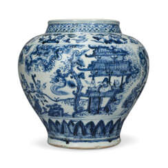 A VERY RARE LARGE BLUE AND WHITE ‘FIGURES IN WINDSWEPT LANDSCAPE’ JAR
