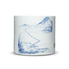 A LARGE BLUE AND WHITE ‘WILD GEESE AND LANDSCAPE’ BRUSH POT