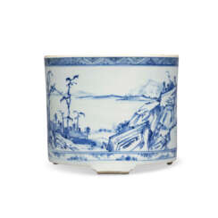 A RARE BLUE AND WHITE ‘MASTER OF THE ROCKS’ ‘LANDSCAPE’ CYLINDRICAL TRIPOD CENSER