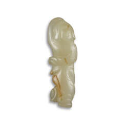 A RARE SMALL PALE GREYISH-WHITE JADE PENDANT OF A FOREIGN FEMALE DANCER