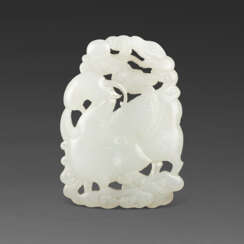 A FINELY CARVED WHITE JADE OPENWORK ‘RAM’ PLAQUE