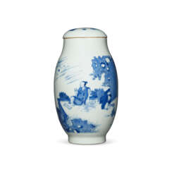 A BLUE AND WHITE ‘FIGURAL’ OVOID JAR AND COVER
