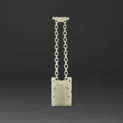 A WHITE JADE TWO-PART ARCHAISTIC HANGING TALLY-FORM PENDANT