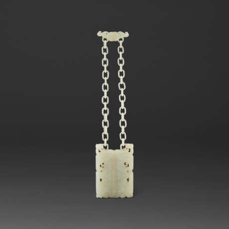 A WHITE JADE TWO-PART ARCHAISTIC HANGING TALLY-FORM PENDANT - photo 1