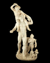 A ROMAN MARBLE GROUP STATUE OF BACCHUS, A SATYR, PAN AND CUPID