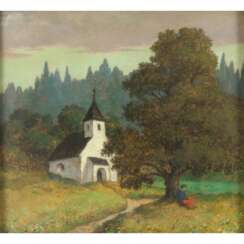 HUBER-SULZEMOOS, HANS (1873-1951), "Rastendes Mädchen bei einer Kapelle am Wegesrand",