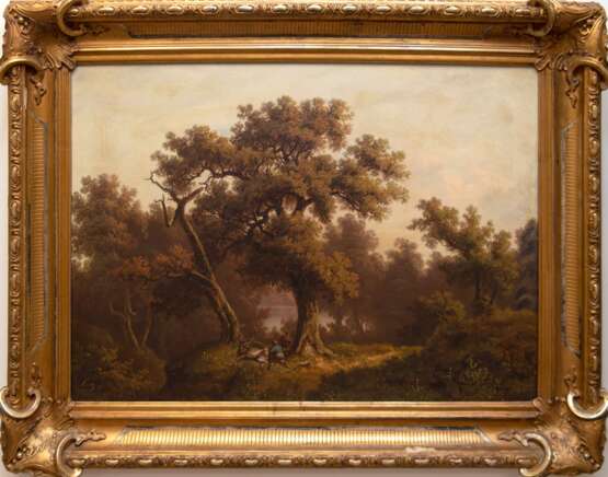 Hampe, Wilhelm ? (1817- ?) "Romantische Waldlandschaft mit zwei Wildschützen", Öl/Lw., sign. und dat. `65 u.l., 69x97 cm, Prunkrahmen - Foto 1