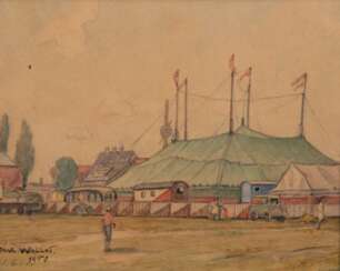 Wallat, Paul (1879 Rostock-1966 Sonderborg, Dänemark) &quot;Zirkus vor der Stadt&quot;, Aquarell, sign. u.l. und dat 1958, 19,5x24 cm, hinter Glas und Rahmen (Besuch der Hamburger Kunstgewerbeschule und Studium an der Berliner Akademie, bevorzugte M…