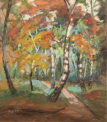 Mosbach &quot;Herbstlicher Birkenwald&quot;, Gouache, sign. u.l., 54x45 cm, im Passepartout hinter Glas und Rahmen