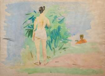 Monogarmmist &quot;E.A.&quot; &quot;Beim Baden&quot;, Aquarell, monogr. u.r. und dat. ´69, 51x63 cm, hinter Glas und Rahmen