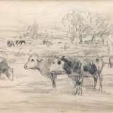 Wolf, Georg (1882 Düsseldorf-1962 Uelzen) Kühe auf der Weide", Zeichnung, unsign., rückseitig WVZ-Nr. 1400, 20x26,5 cm, im Passepartout hinter Glas und Rahmen - Foto 1