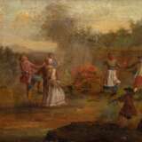 Maler des 18. Jh. "Feier am Feuer", Öl/ Lw., unsign., craqueliert, 27,5x34,5 cm, Rahmen - фото 1