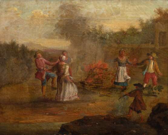 Maler des 18. Jh. "Feier am Feuer", Öl/ Lw., unsign., craqueliert, 27,5x34,5 cm, Rahmen - Foto 1