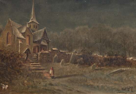 "Weihnachten-Kirche an der Mosel", Öl/ Lw., Farbverluste, sign. u.r. "Prof. Görtz", 23,5x35 cm, ungerahmt - photo 1