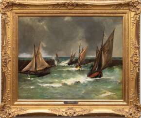 Haguette, Georges (1854 Paris-1906 Dieppe) &quot;Fischerboote in der Hafeneinfahrt&quot;, Öl/ Lw., sign. u.r., 58x70,5 cm, Rahmen