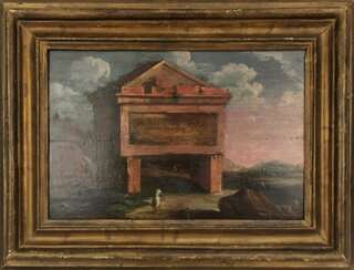 Italienischer Maler 18. Jh., Römische Schule &amp;quot;Landschaft mit Wanderer vor einem Tor&amp;quot;, Öl/ Holz, mittig Schwundriß, rückseitig paketiert, 24x35,5 cm, Rahmen