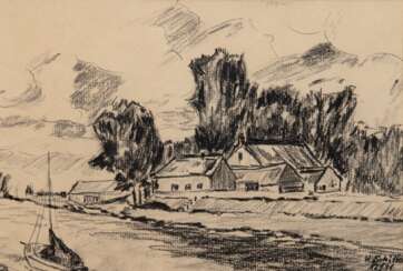 Schiffer, W. (Deutscher Zeichner des 20. Jh.) &amp;quot;Flußlandschaft mit Segelboot&amp;quot;, Kohlezeichnung, sign. u.r. und dat. 12/91, 19,5x27,5 cm, im Passepartout hinter Glas und Rahmen