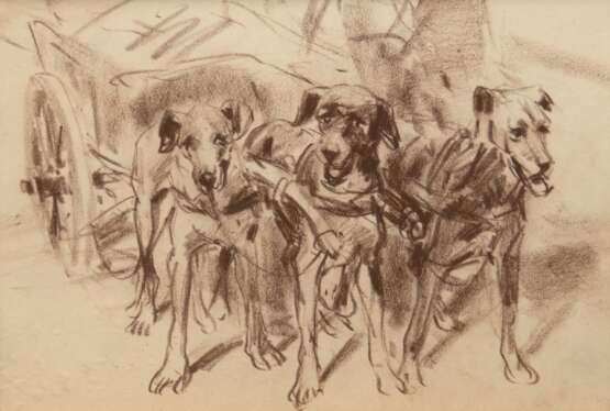 Wolf, Georg (1882 Düsseldorf-1962 Uelzen) "Hundegespann vor Wagen", Zeichnung, unsign., rückseitig Nachlaßstempel mit WVZ-Nr. 693, 18x25 cm, im Passepartout hinter Glas und Rahmen - Foto 1