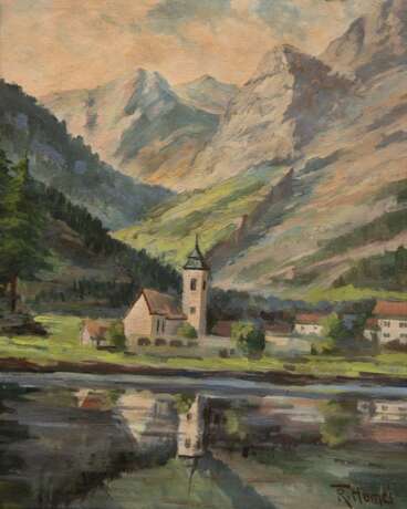 Hamel, R. (Deutscher Maler um 1930) "Berglandschaft am See", sign. u.r.,49x400 cm, Rahmen - photo 1