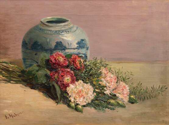 Haberer, Oscar (1867-1932) "Stilleben mit Blumenstrauß vor Vase", Öl/ Lw., 30x42 cm, Rahmen - photo 1