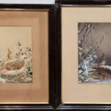 Bright, Harry (1846-1895) 2 Gouache "Rotkelchen im Winter am Brunnen" und "Rotkelchen mit Jungen im Nest", 1x sign. u.r. und dat. 1878, 27,5x19,5cm und 29,5x20,5cm im Passepartout hinter Glas und Rahmen - фото 1