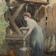 Unbekannter Maler &quot;Auf dem Hühnerhof mit Frau am Brunnen&quot;, Öl/ Lw., 3 Hinterlegungen, unsign., 65x45 cm, Rahmen - Archives des enchères