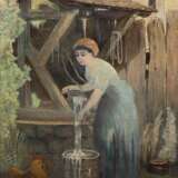 Unbekannter Maler "Auf dem Hühnerhof mit Frau am Brunnen", Öl/ Lw., 3 Hinterlegungen, unsign., 65x45 cm, Rahmen - фото 1