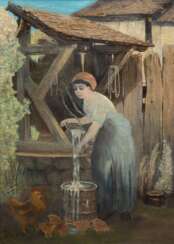Unbekannter Maler &quot;Auf dem Hühnerhof mit Frau am Brunnen&quot;, Öl/ Lw., 3 Hinterlegungen, unsign., 65x45 cm, Rahmen