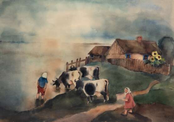 Alifo (Alice Brasse Forstmann 1903-1990) "Russisches Dorf mit Kühen an der Tränke", Aquarell, sign. u.r. und dat. ´38, 37,5x39 cm, ungerahmt - Foto 1