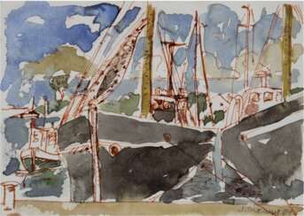 Thoemmes, Johanne (1947) &quot;Fischerboote im Hafen&quot;, Aquarell/Papier, sign. u.r. und dat. ´81, 10,5x14,5 cm, im Passepartout hinter Glas und Rahmen
