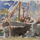 Thoemmes, Johanne (1947) "Fischerboote im Hafen", Aquarell/Papier, sign. u.r. und dat. ´81, 10,5x14,5 cm, im Passepartout hinter Glas und Rahmen - photo 1