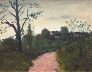 &quot;Feldweg mit dörflicher Landschaft&quot;, Öl/Karton, undeutl. sign. u.r., 39,5x49 cm, Rahmen