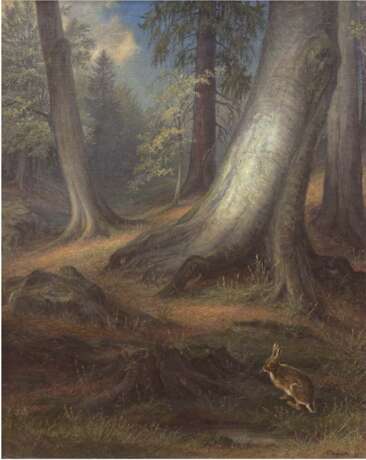 "Waldlandschaft mit Hasen", Öl/Lw., unleserlich sign. und dat. `43 u.r., verso betitelt und bez., 74x60 cm, Rahmen - Foto 1