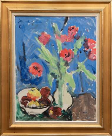 "Stilleben mit Tulpen in Vase und Obstschale", Öl/ Lw., undeutl. sign. o.l., 66x50 cm, Rahmen - photo 1