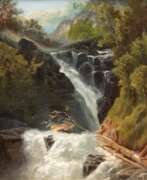 Produktkatalog. Maler 19. Jh. &quot;Wasserfall im Gebirge&quot;, Öl/ Lw., unsign., rückseitig auf Lw. Widmung, 25x23 cm, Rahmen