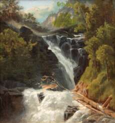 Maler 19. Jh. &quot;Wasserfall im Gebirge&quot;, Öl/ Lw., unsign., rückseitig auf Lw. Widmung, 25x23 cm, Rahmen