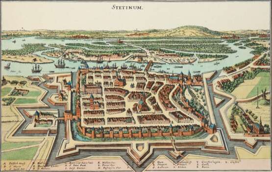 Merian, M. "Stetinum-aus Topographie von Brandenburg und Pommern", altkolorierter Kupferstich, Gesamtansicht aus der Vogelschau mit Befestigungsanlagen und Blick über die Oder ins Umland, am Rand besch., mittig Knickfalte, Blattgröße 30x… - photo 1