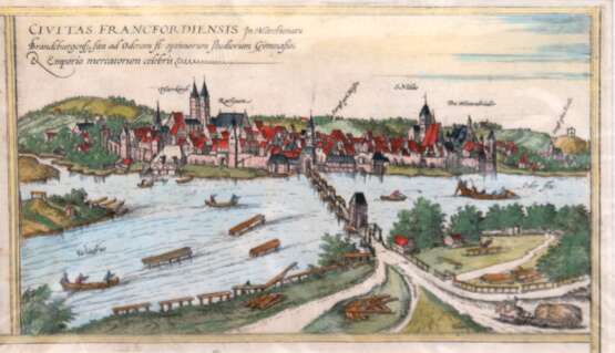 Braun und Hogenberg "Civitas Francfordiensis in Marchionatu Brandeburgensi, sita ad Oderam fl:...", kol. Kupferstich, ca. 1590, 15x23 cm, im Passepartout - photo 1