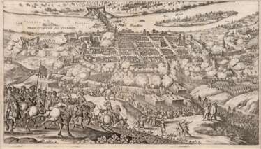 Merian, Matthäus &quot;Frankfurt an der Oder aus der halben Vogelschau mit Belagerung&quot;, ca. 1650, Kupferstich, 23x35,5 cm, im Passepartout