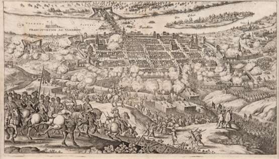 Merian, Matthäus "Frankfurt an der Oder aus der halben Vogelschau mit Belagerung", ca. 1650, Kupferstich, 23x35,5 cm, im Passepartout - Foto 1