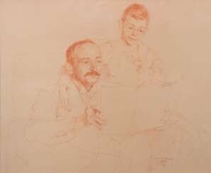 Thielemann, Jory &amp;quot;Vater und Sohn bei der Lektüre&amp;quot;, Litho. in Rötel, in der Platte sign. und dat. 1921, 37x44,5 cm, im Passepartout hinter Glas und Rahmen