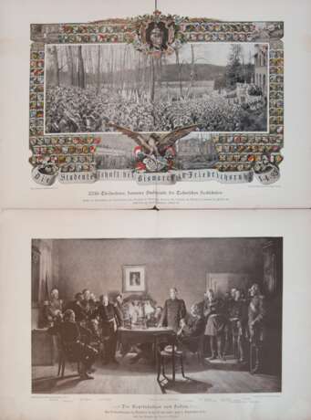 16 Doppelblätter mit Darstellungen aus dem Leben von Bismarcks bis 1895, Drucke, z.T. mit Erläuterungen zu den Dargestellten, Gebrauchspuren, je ca. 37x54,5 cm - Foto 1