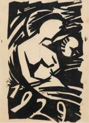 Sack, Johannes (1890 Berlin-1958 Eisleben, Hallische Künstlergruppe) &amp;quot;Expressive Grafik&amp;quot;, dat. 1929, rückseitig eigenhändig geschriebene Postkarte des Künstlers, 14,5x10 cm, im Passepartout hinter Glas und Rahmen