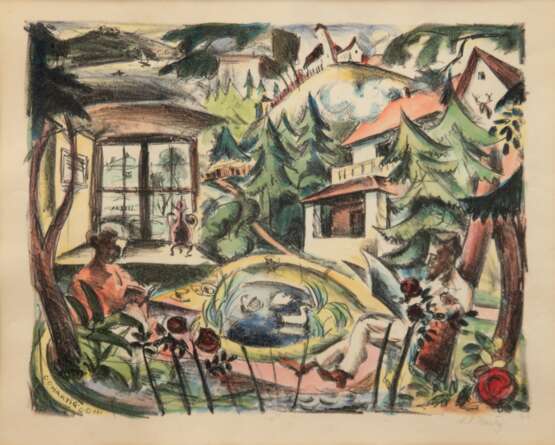 Hartig, Carl Christoph (1888 Davos-1975 Düsseldorf) "Paar am Tisch im Garten", handkolorierte Litho., handsign. u.r., 35x38,5 cm, im Passepartout hinter Glas und Rahmen - photo 1