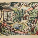 Hartig, Carl Christoph (1888 Davos-1975 Düsseldorf) "Paar am Tisch im Garten", handkolorierte Litho., handsign. u.r., 35x38,5 cm, im Passepartout hinter Glas und Rahmen - photo 1